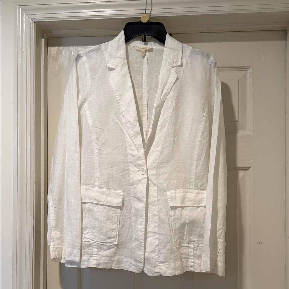 Eileen Fisher Luxe Notched Collar Flap Pocket White Irish Linen Button Blazer XS